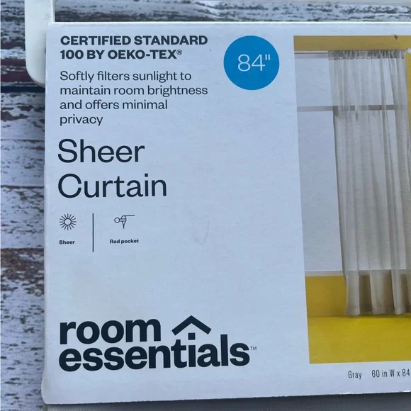 Set of 2 Room Essentials 84 inch Rod Pocket Sheer Curtain panels in Gray NEW - Picture 2 of 5